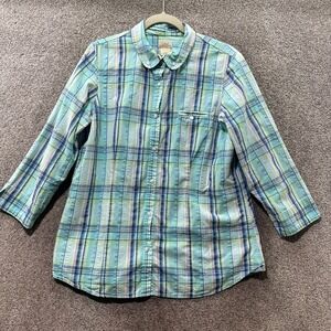 LL Bean Button Up Top Women Large Plaid 3/4 Sleeve Textured‎ Cotton Shirt